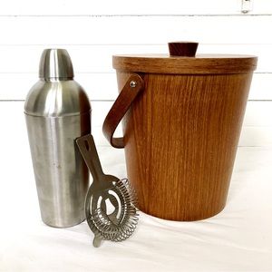 Vintage MCM teak ice bucket and martini shaker wood stainless steel aluminum